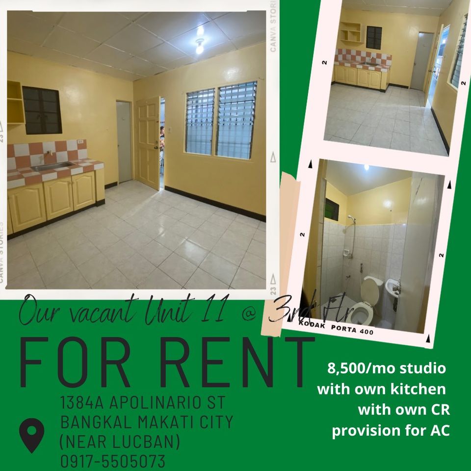 Studio Type Apartment in Bangkal, MAKATI CITY w/ Provision for AC