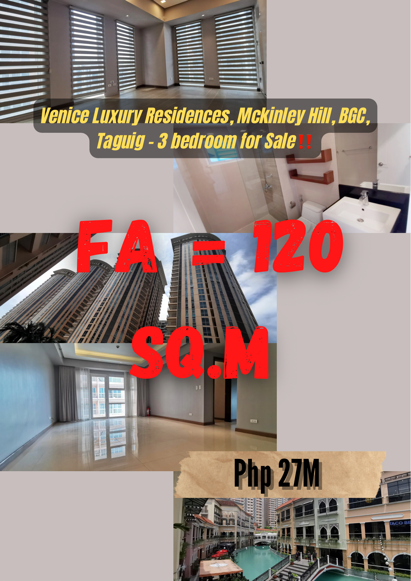 Venice Luxury Residences, Mckinley Hill, BGC, Taguig – 3 bedroom for Sale‼️