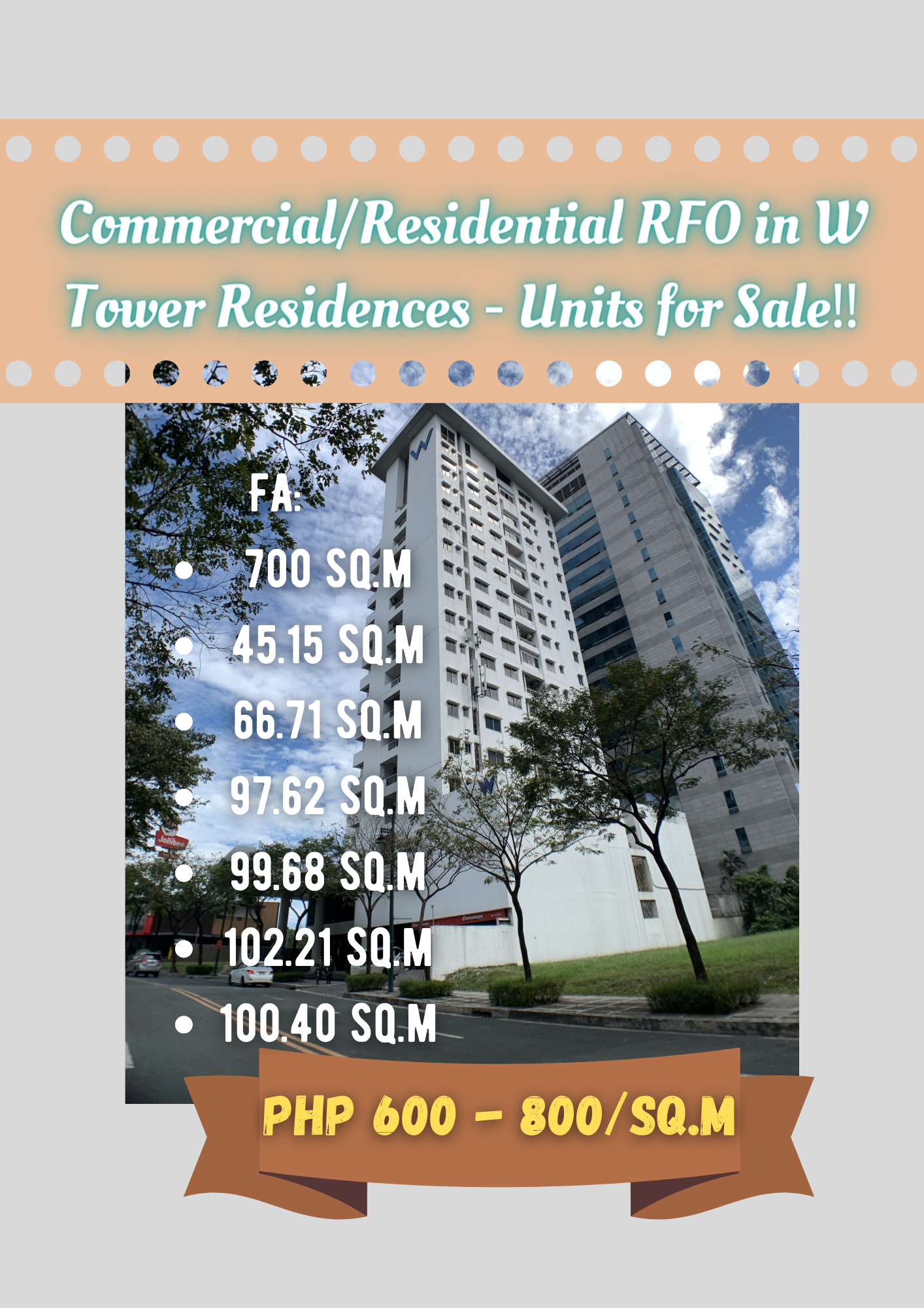 Commercial/Residential RFO in W Tower Residences – Units for Sale‼️